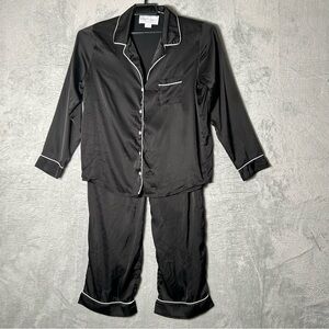 Birdy Grey Pajama Set Womens Medium Black Silky Satiny Top Pants Sleep Lounge